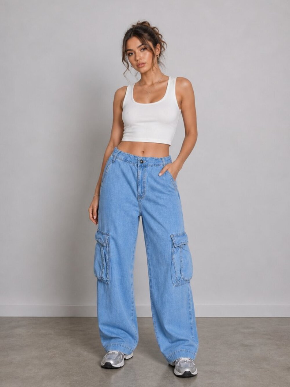 Outland Denim Cargo Jeans Light Blue High Rise Wide Leg Size Small Loose Fit